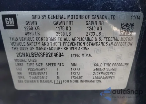 2015 Chevrolet Equinox 1Lt from USA, damaged, VIN 2GNALBEK8F6204604